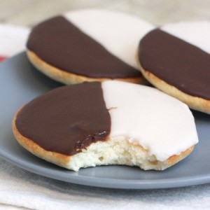 Black and white cookie on blue plate